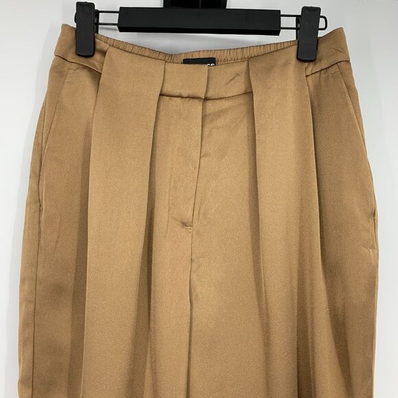 Express Pants Satin High Rise Straight Leg Pleated Ankle Crop Brown - Picture 3 of 10